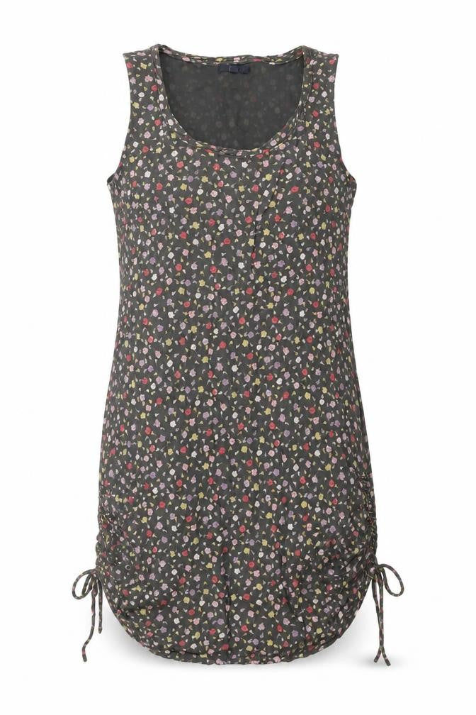 Front view of Gap women’s grey floral viscose shift, size M, scoop neck drawstring