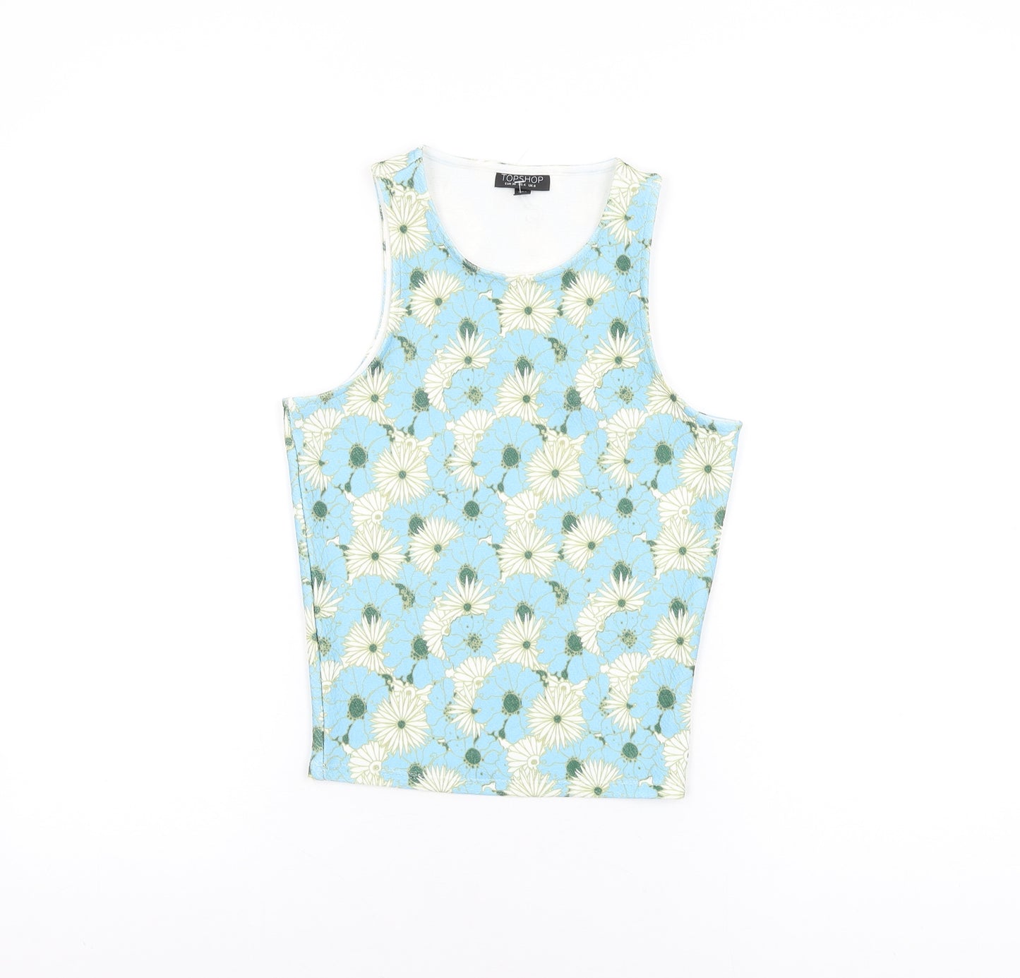 Topshop Womens Blue Floral Polyester Basic T-Shirt Size 8 Round Neck