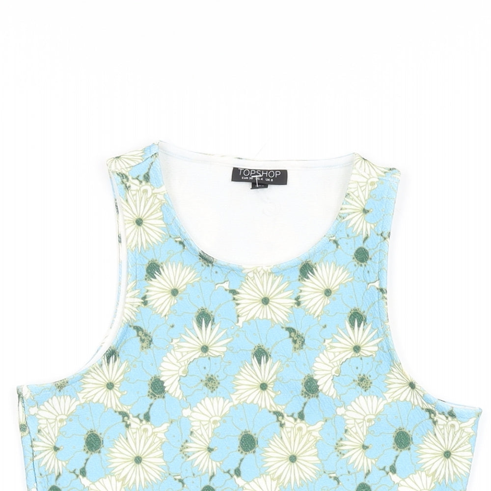 Topshop Womens Blue Floral Polyester Basic T-Shirt Size 8 Round Neck