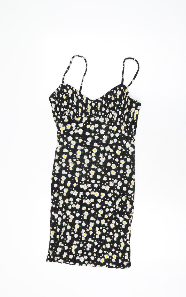 Bershka Womens Black Floral Viscose Mini Size M V-Neck Pullover