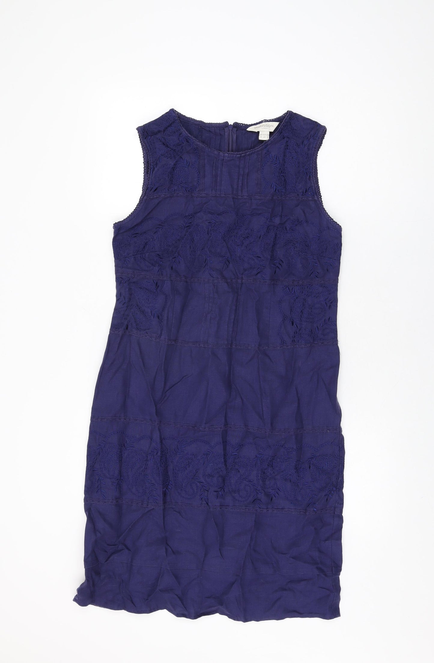 Monsoon Womens Blue Floral Linen Shift Size 12 Round Neck Zip