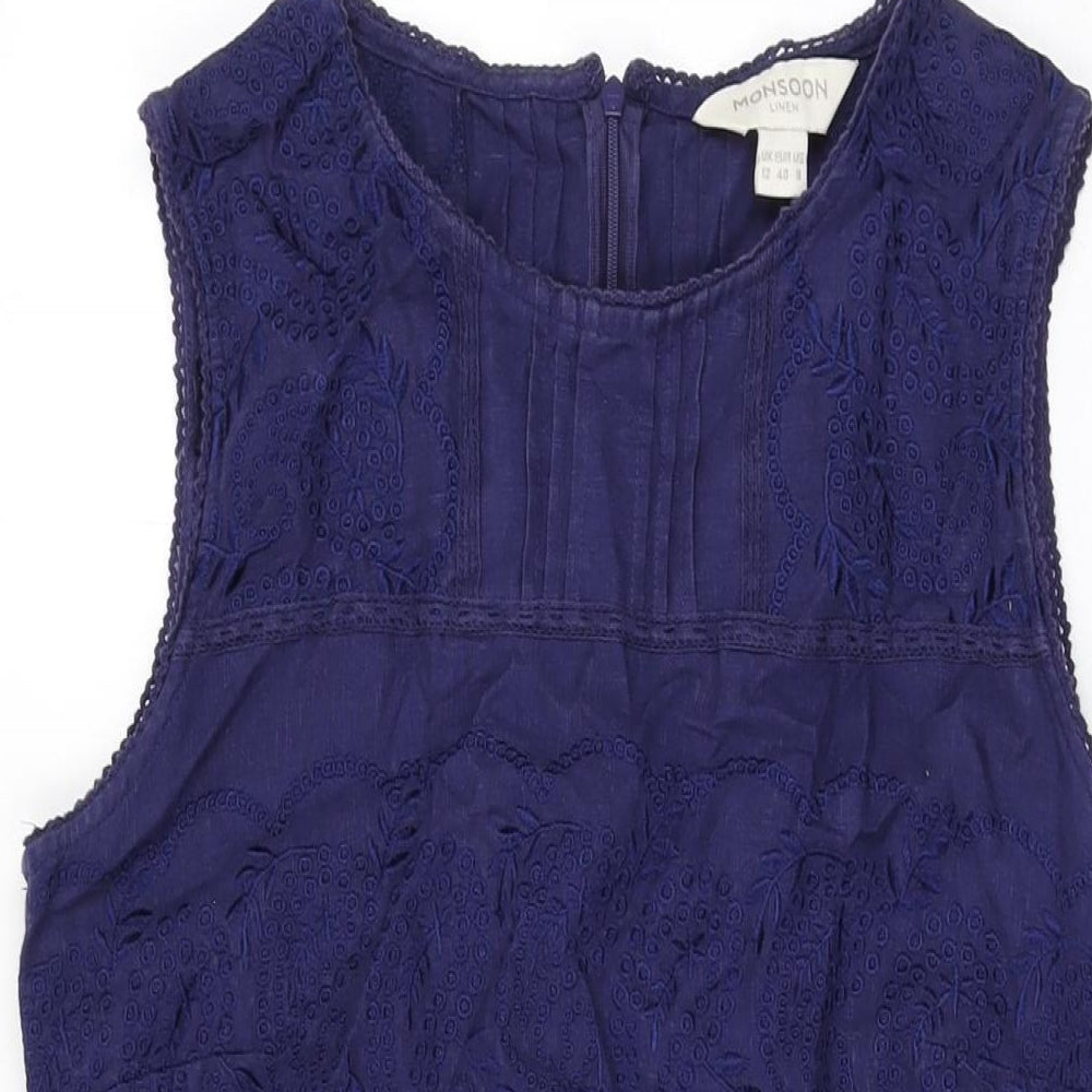 Monsoon Womens Blue Floral Linen Shift Size 12 Round Neck Zip