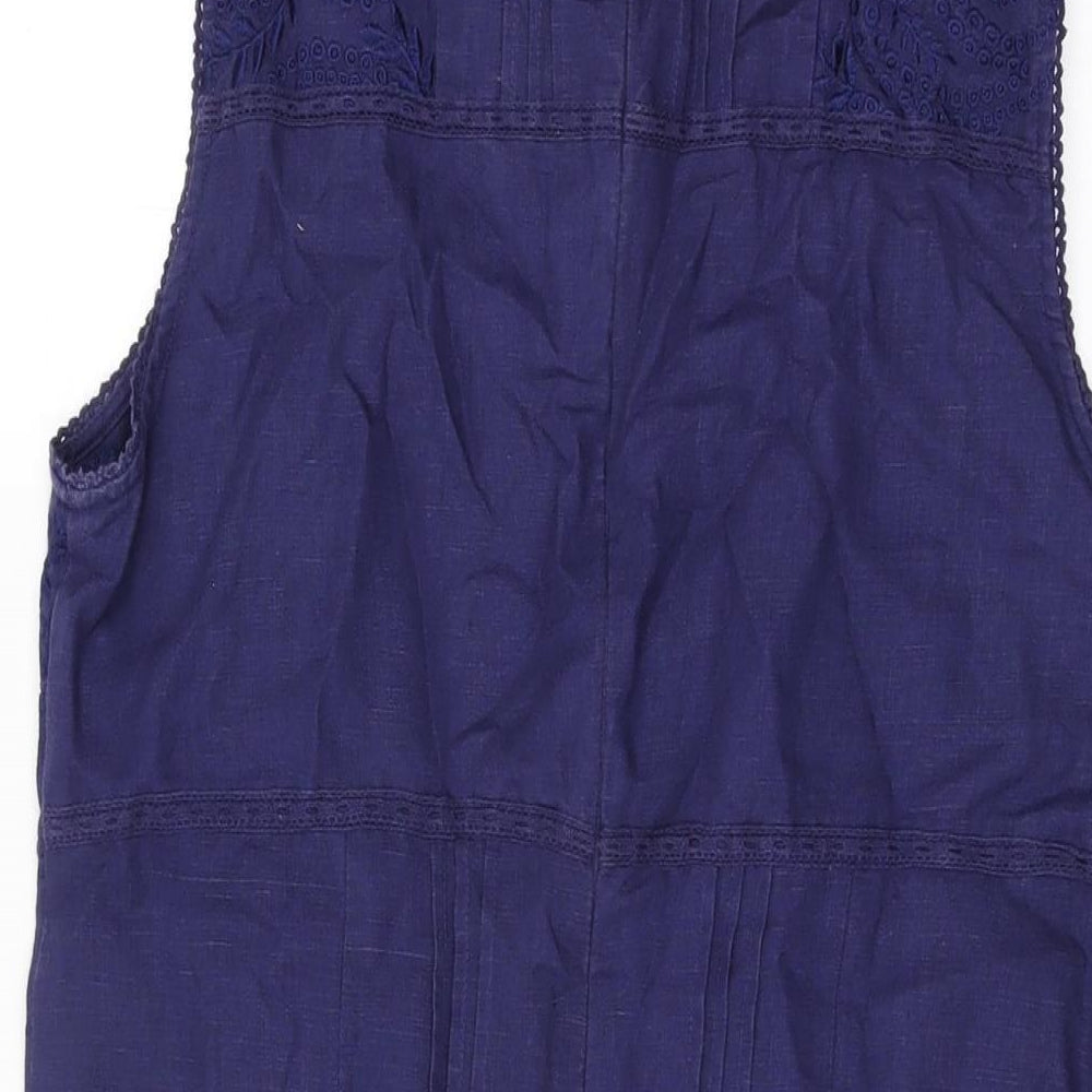 Monsoon Womens Blue Floral Linen Shift Size 12 Round Neck Zip