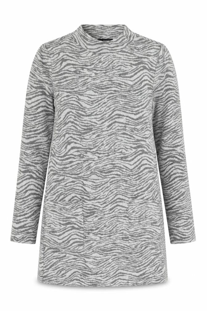Front view of Marks & Spencer women’s grey animal print polyester shift, size UK 8, round neck pullover