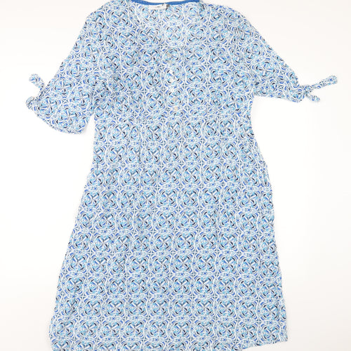 Adini Womens Blue Geometric Viscose A-Line Size L Round Neck Zip