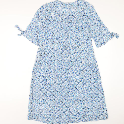 Adini Womens Blue Geometric Viscose A-Line Size L Round Neck Zip