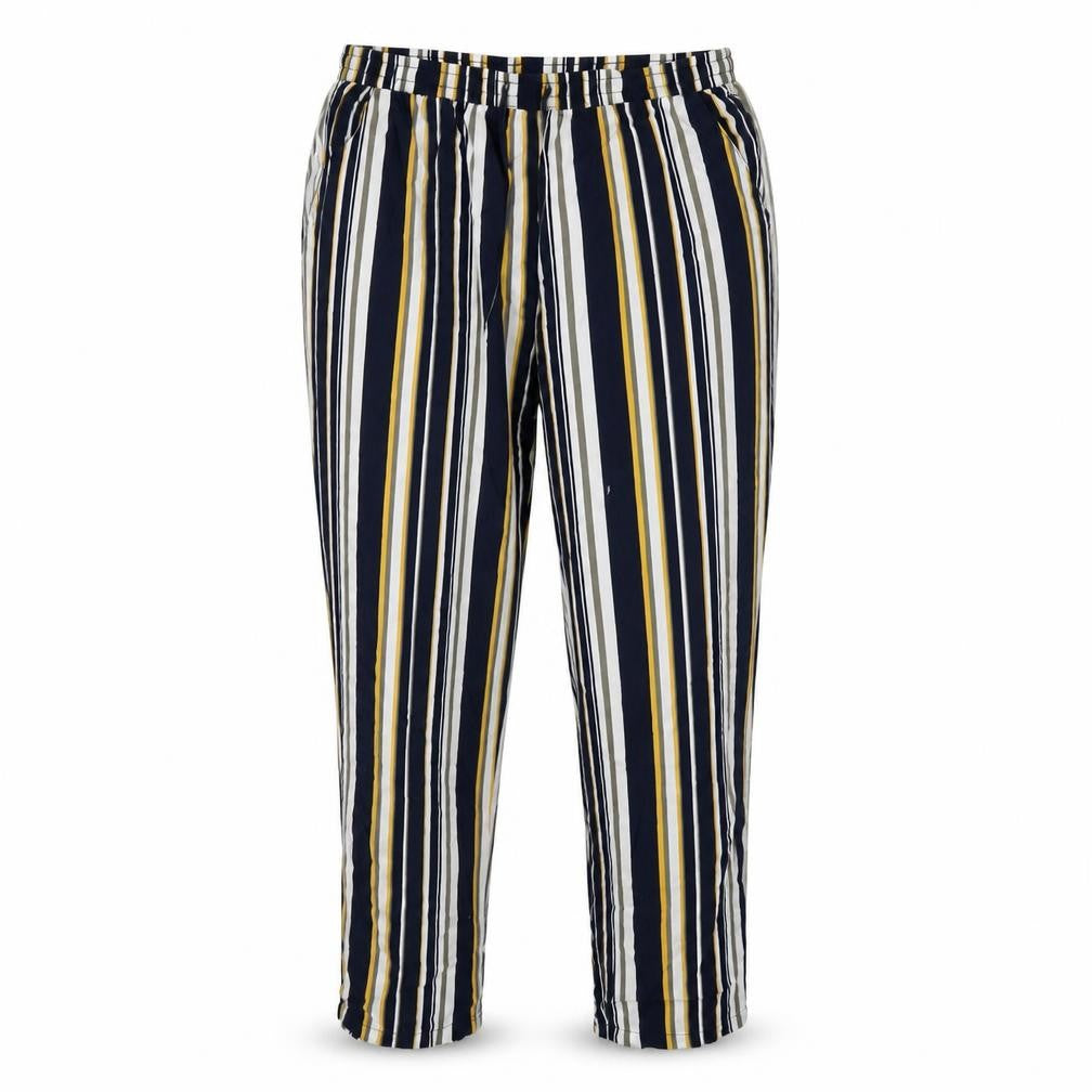 Front view of Damart women’s multicoloured striped viscose trousers, size UK 16, 26-inch leg regular drawstring