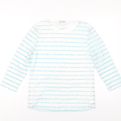 Annabelle Womens Blue Striped Polyester Basic T-Shirt Size S Round Neck