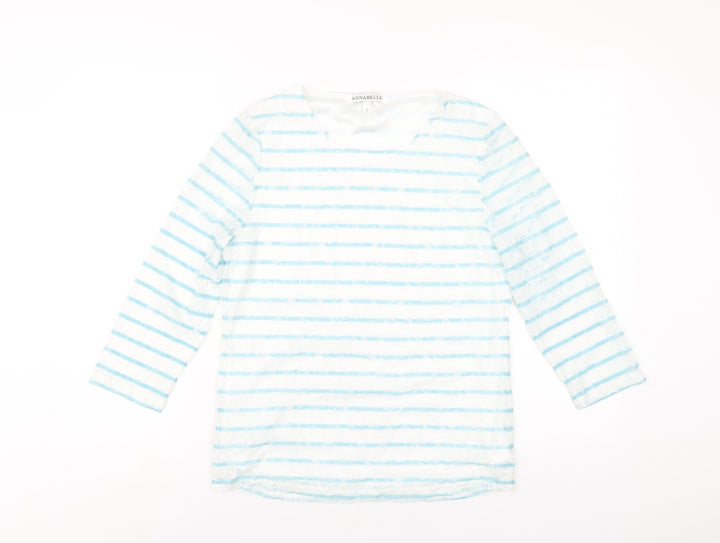 Annabelle Womens Blue Striped Polyester Basic T-Shirt Size S Round Neck
