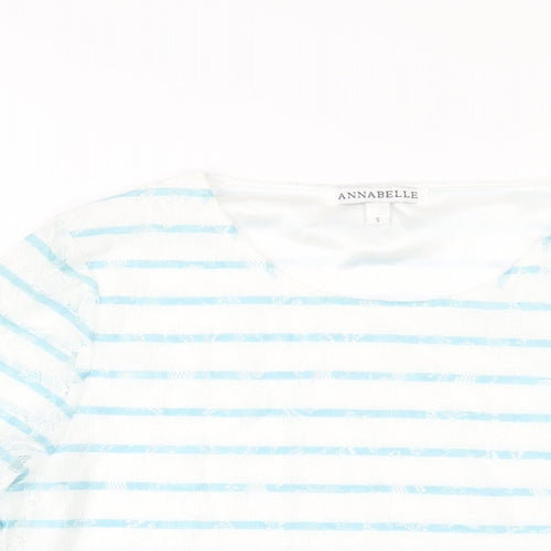 Annabelle Womens Blue Striped Polyester Basic T-Shirt Size S Round Neck