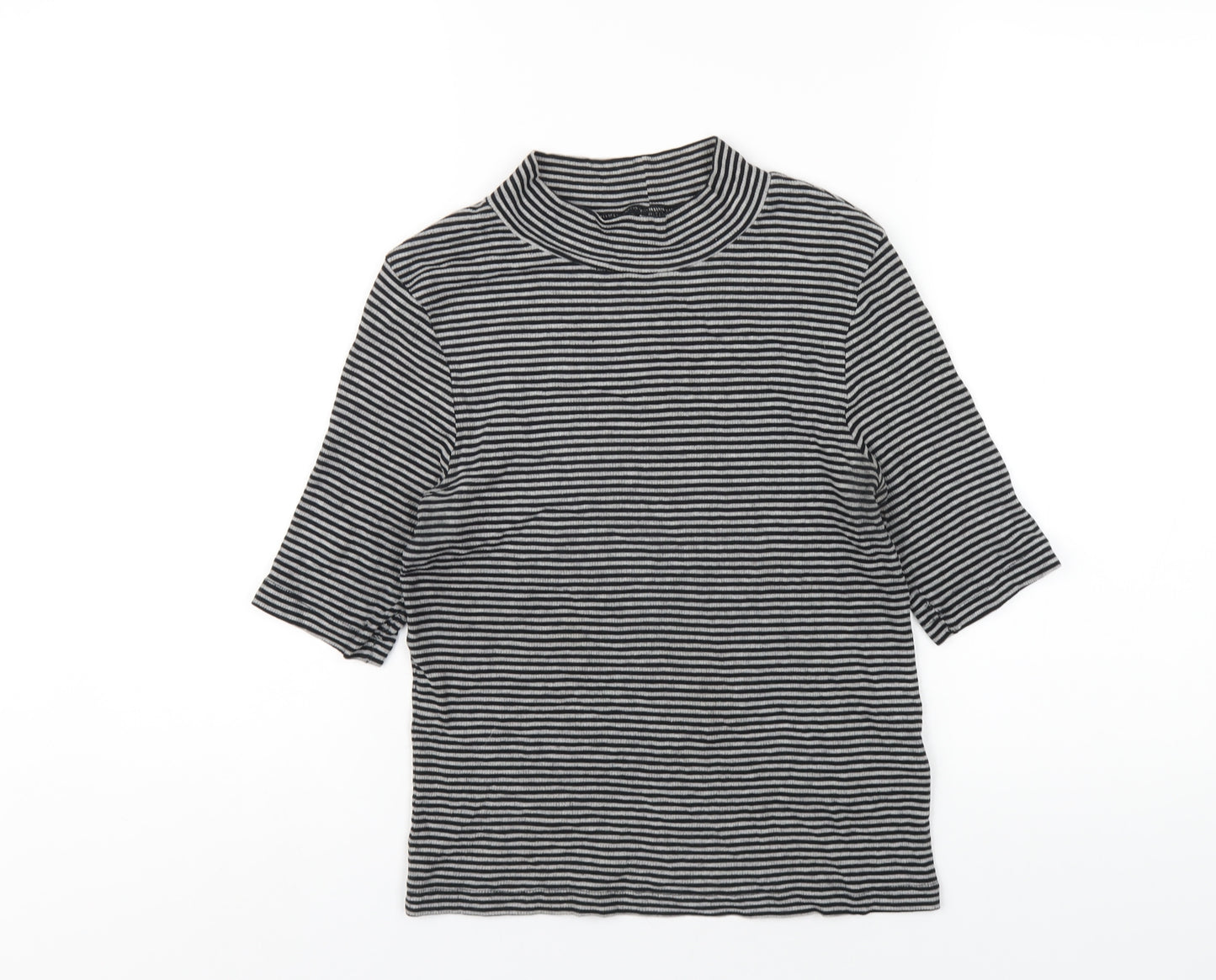H&M Womens Grey Striped Cotton Basic T-Shirt Size M Mock Neck