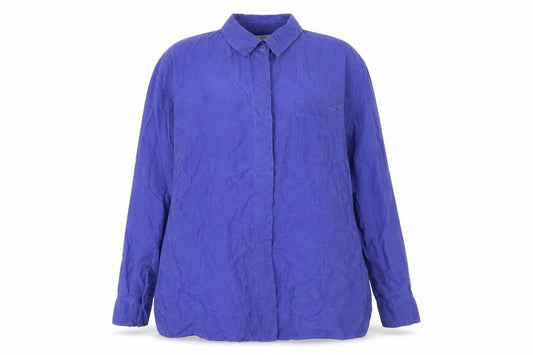 Front view of Marks & Spencer women’s blue cupro basic button-up, size UK 16, collared