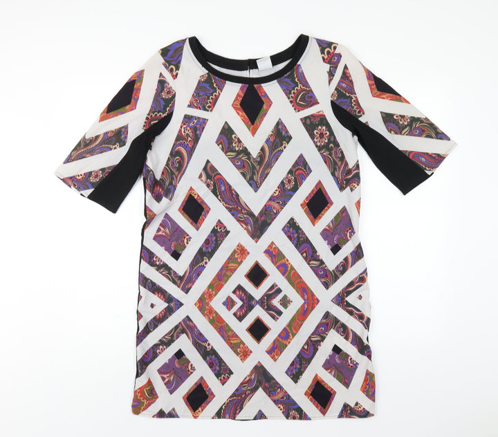 VERO MODA Womens Multicoloured Geometric Polyester T-Shirt Dress Size S Round Neck Pullover
