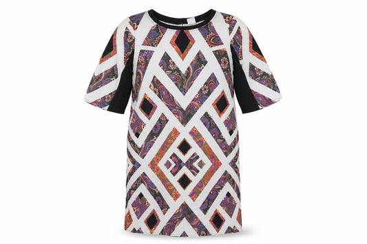Front view of Vero Moda women’s multicoloured geometric polyester t-shirt dress, size S, round neck pullover