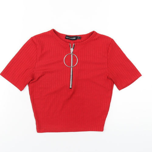 PRETTYLITTLETHING Womens Red Polyester Cropped T-Shirt Size 8 Scoop Neck