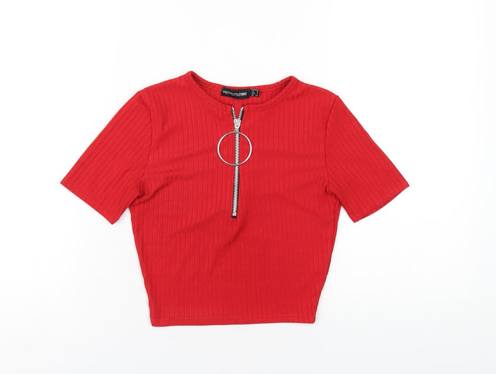PRETTYLITTLETHING Womens Red Polyester Cropped T-Shirt Size 8 Scoop Neck