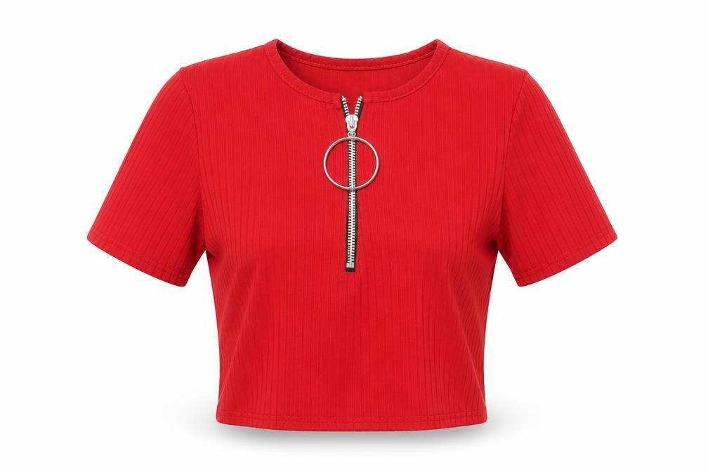 Front view of PRETTYLITTLETHING women’s red polyester cropped t-shirt, size UK 8, scoop neck