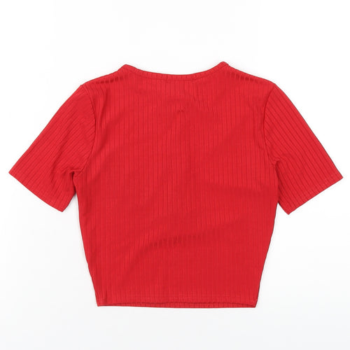 PRETTYLITTLETHING Womens Red Polyester Cropped T-Shirt Size 8 Scoop Neck