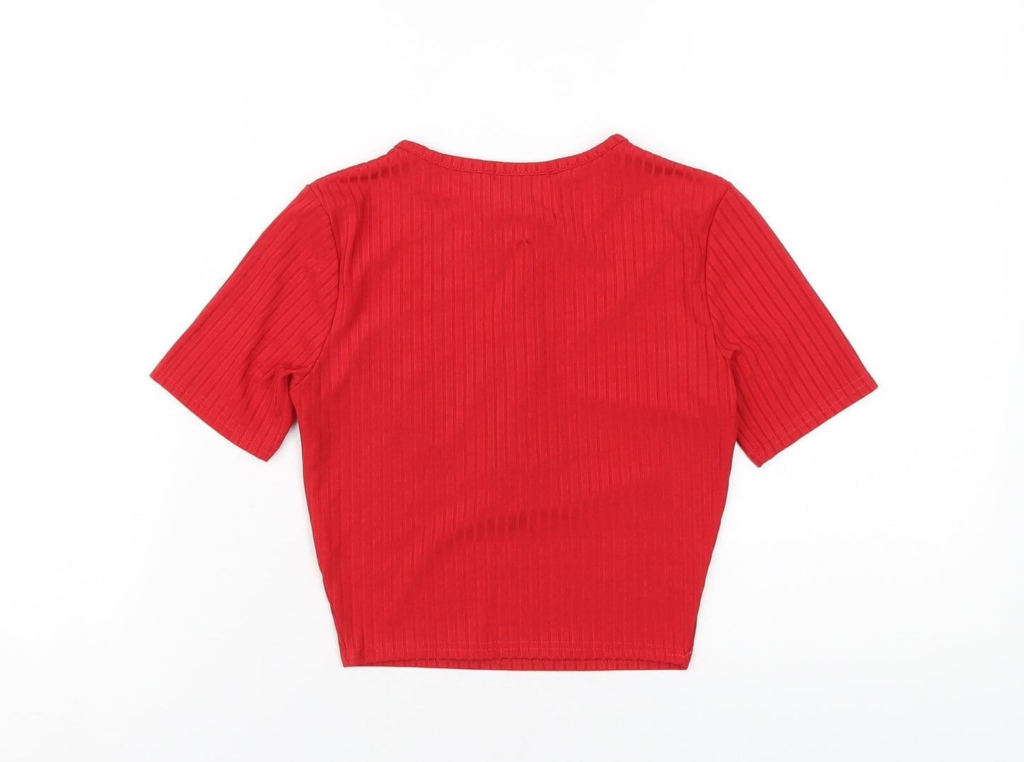 PRETTYLITTLETHING Womens Red Polyester Cropped T-Shirt Size 8 Scoop Neck