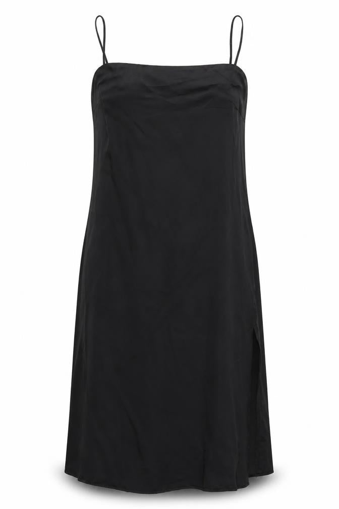 Front view of H&M women’s black polyester slip dress, size XL, square neck pullover