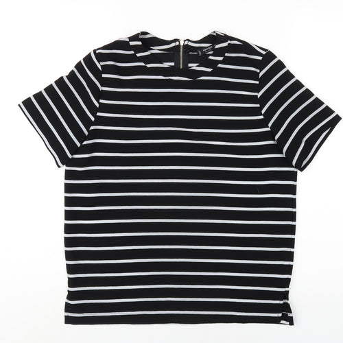Mango Womens Black Striped Polyester Basic T-Shirt Size S Round Neck