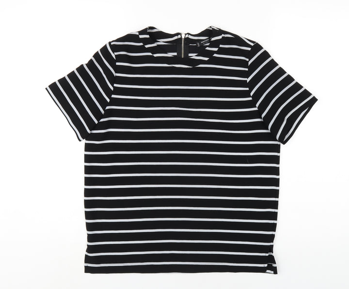 Mango Womens Black Striped Polyester Basic T-Shirt Size S Round Neck
