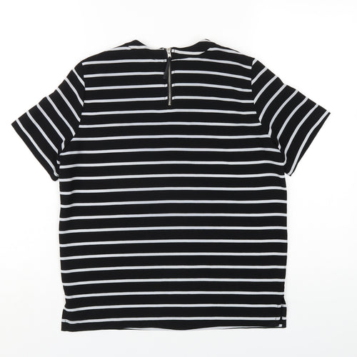 Mango Womens Black Striped Polyester Basic T-Shirt Size S Round Neck