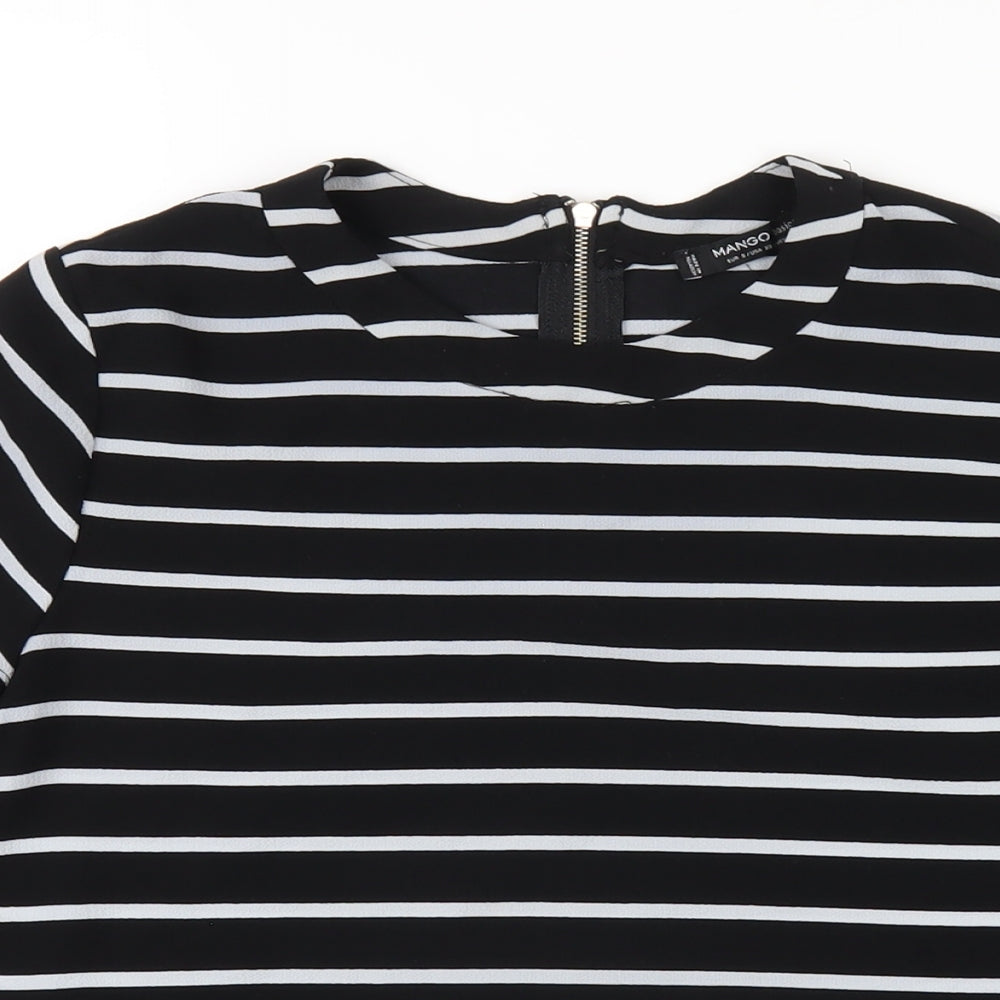 Mango Womens Black Striped Polyester Basic T-Shirt Size S Round Neck