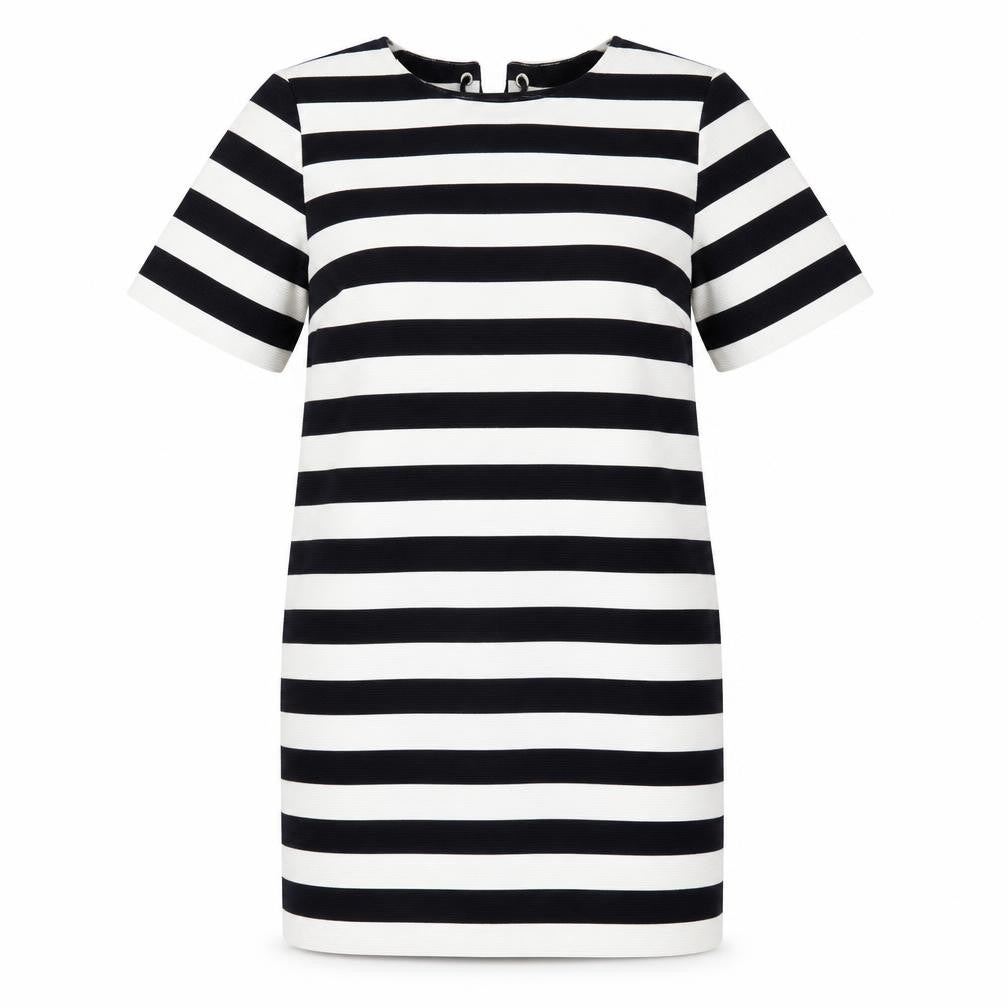 Front view of FRNCH women’s blue striped polyester a-line, size M, round neck pullover