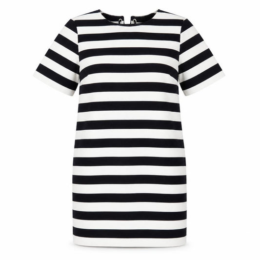 Front view of FRNCH women’s blue striped polyester a-line, size M, round neck pullover