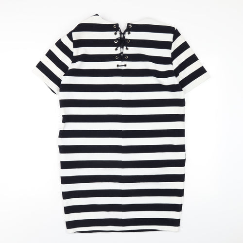 FRNCH Womens Blue Striped Polyester A-Line Size M Round Neck Pullover