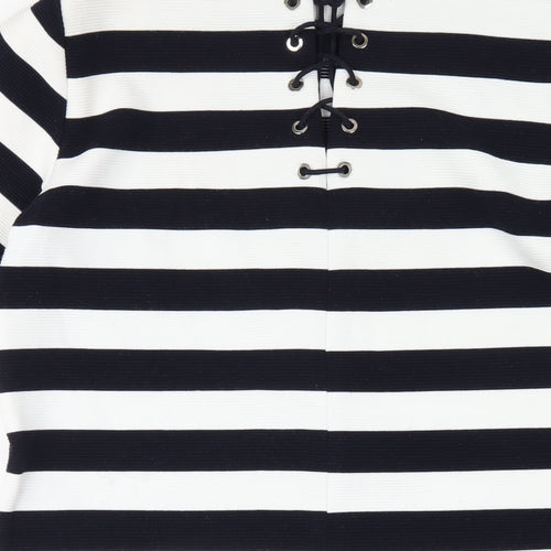 FRNCH Womens Blue Striped Polyester A-Line Size M Round Neck Pullover