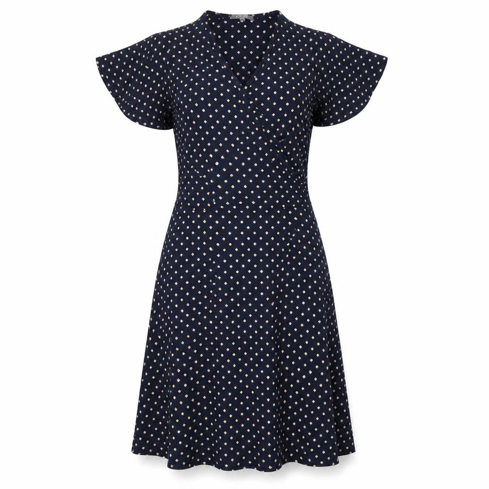 Front view of Principles women’s blue geometric viscose a-line, size UK 8, v-neck pullover