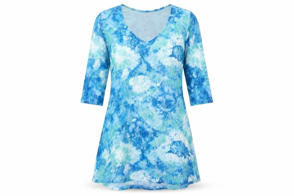 Front view of Sophie women’s blue polyester a-line, size UK 12, v-neck pullover