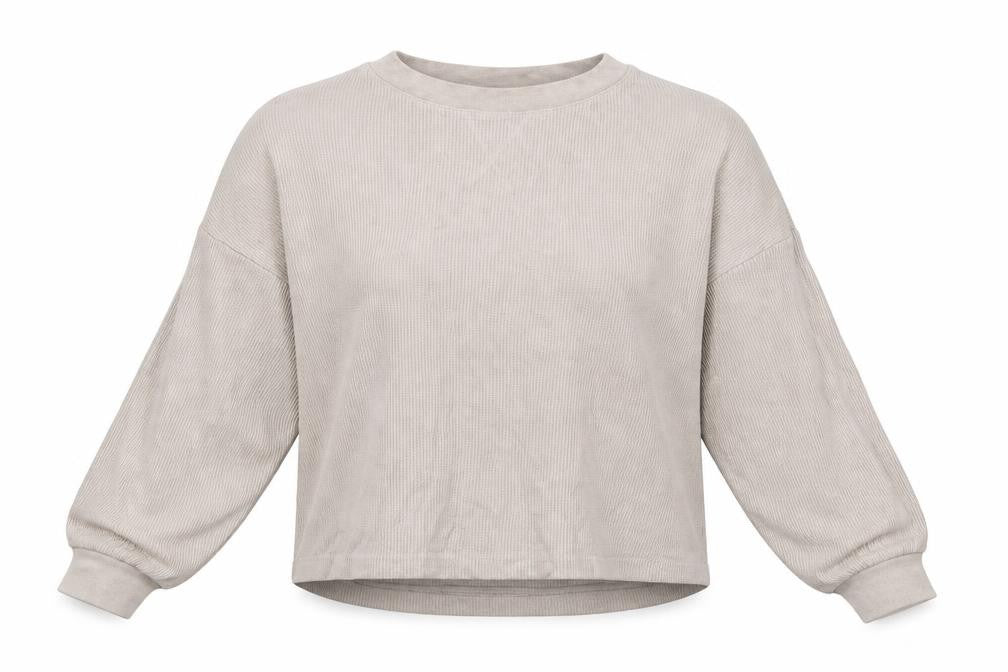 Front view of H&M women’s beige polyester cropped t-shirt, size M, crew neck