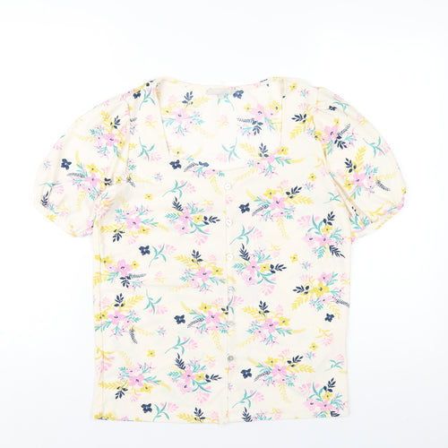 Pebble Bay Womens Ivory Floral Polyester Basic T-Shirt Size 10 Square Neck