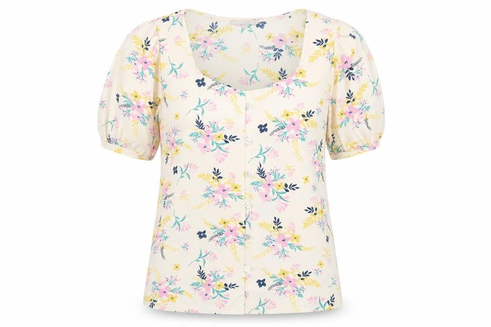 Front view of Pebble Bay women’s ivory floral polyester basic t-shirt, size UK 10, square neck