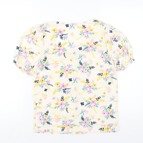 Pebble Bay Womens Ivory Floral Polyester Basic T-Shirt Size 10 Square Neck