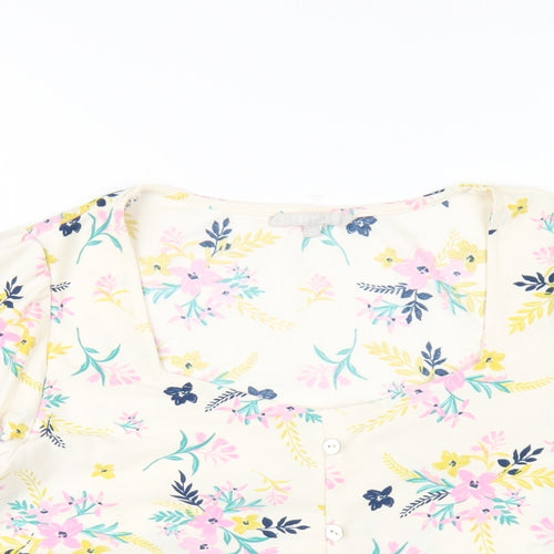 Pebble Bay Womens Ivory Floral Polyester Basic T-Shirt Size 10 Square Neck