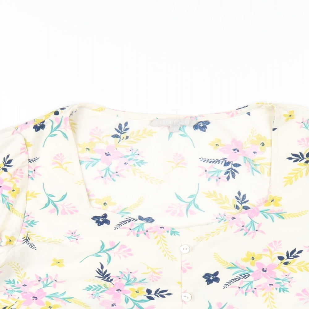 Pebble Bay Womens Ivory Floral Polyester Basic T-Shirt Size 10 Square Neck