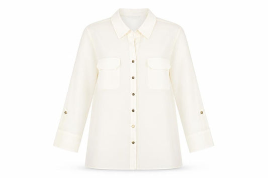 Front view of Marks & Spencer women’s ivory polyester basic button-up, size UK 16, collared