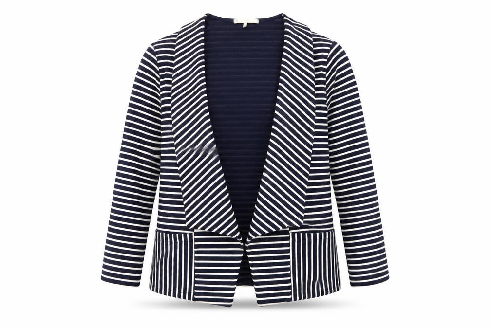 Front view of Lakeland women’s blue striped jacket, size XL