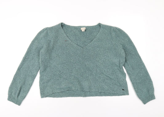 Pull&Bear Womens Green V-Neck Acrylic Pullover Jumper Size M