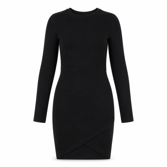 Front view of PRETTYLITTLETHING women’s black polyester bodycon, size UK 8, round neck pullover
