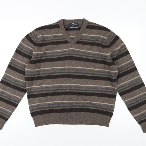 Blue Harbour Mens Brown V-Neck Striped Wool Pullover Jumper Size M Long Sleeve