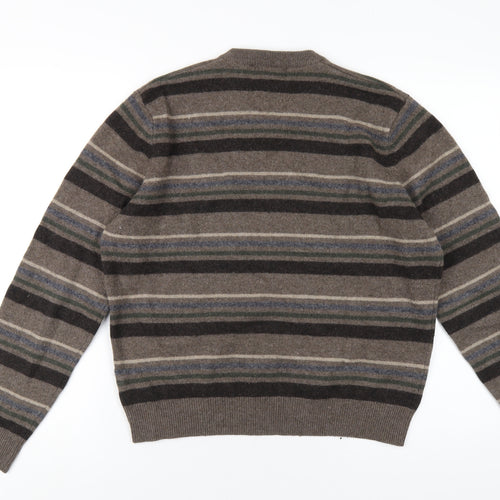 Blue Harbour Mens Brown V-Neck Striped Wool Pullover Jumper Size M Long Sleeve