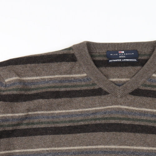 Blue Harbour Mens Brown V-Neck Striped Wool Pullover Jumper Size M Long Sleeve