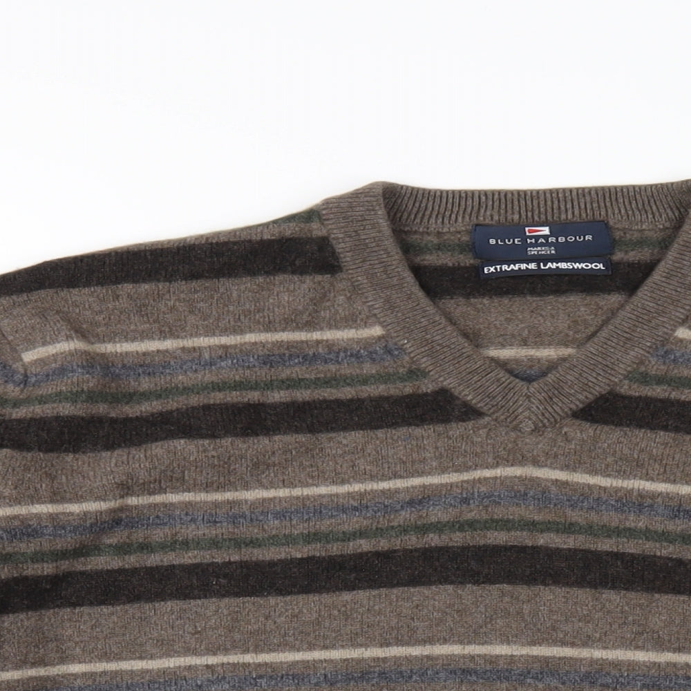 Blue Harbour Mens Brown V-Neck Striped Wool Pullover Jumper Size M Long Sleeve