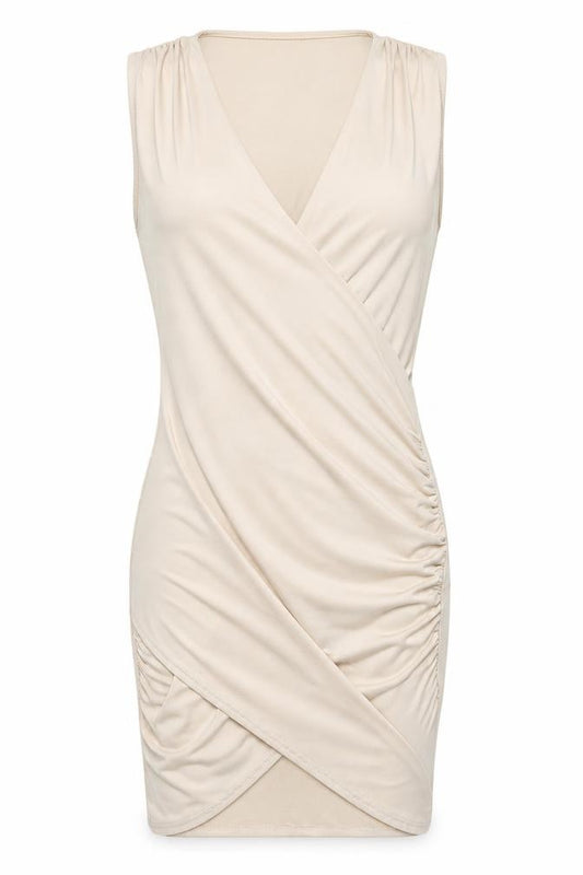 Front view of Missguided women’s beige polyester bodycon, size UK 8, v-neck pullover