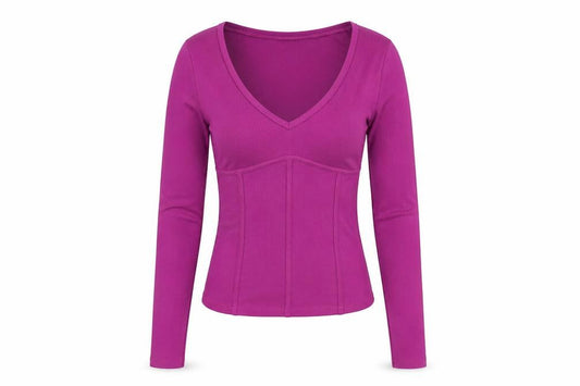 Front view of Topshop women’s purple polyester basic t-shirt, size S, v-neck